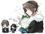  1boy 1girl bangs black_hair black_jacket blue_dress blush bouquet brown_hair character_name chibi clear_2758 closed_eyes confetti crossed_arms dress earrings final_fantasy final_fantasy_viii food fur-trimmed_jacket fur_trim happy_birthday holding holding_bouquet holding_food jacket jewelry long_hair long_sleeves looking_at_viewer looking_back open_mouth parted_bangs pie rinoa_heartilly scar scar_on_face scar_on_forehead short_hair single_earring smile squall_leonhart sweatdrop white_background 