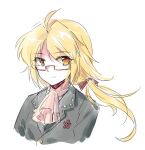  1girl ahoge akinomiya_asuka ascot black_jacket blonde_hair closed_mouth commentary_request glasses hair_ribbon jacket long_hair magahara_mitama mystical_power_plant original pink_ascot ponytail portrait rectangular_eyewear red_ribbon ribbon simple_background sketch smile solo touhou white_background yellow_eyes 