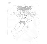  2girls blanket closed_eyes closed_mouth clothes_grab clothes_lift elysia_(honkai_impact) greyscale honkai_(series) honkai_impact_3rd long_hair lying maiqo monochrome multiple_girls on_bed on_side pillow pointy_ears raiden_mei shirt shirt_lift short_sleeves under_covers 