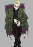 1boy absurdres armchair black_pants black_shirt blonde_hair chair coat feet_out_of_frame from_above goggles green_coat grey_background highres jujutsu_kaisen looking_at_viewer male_focus nanami_kento pants shirt short_hair solo tcm_(lk028) watch wristwatch 