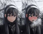  1girl bangs bare_tree black_coat black_hair black_jacket blush coat dana_(ocana_dana) headband highres huffing jacket long_hair looking_at_viewer looking_to_the_side open_mouth photo-referenced red_eyes scar smile snow spy_x_family sweat tree white_headband yor_briar 