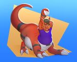  2022 bandai_namco belly big_belly claws clothing digimon digimon_(species) digital_media_(artwork) guilmon male markings open_mouth overweight overweight_male scalie sjevi solo taur tongue white_body 