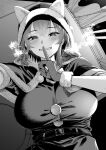  1girl bangs belt blush breasts breath capelet ceiling finger_to_mouth from_below fur-trimmed_capelet fur_trim gloves greyscale grin highres hood hood_up hooded_capelet ice_reizou indoors large_breasts looking_at_viewer monochrome original short_hair shushing smile solo upper_body 