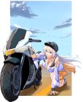  1girl aviator_sunglasses azur_lane black_headwear blue_sky breasts clothes_around_waist day enterprise_(anniversary_ride)_(azur_lane) enterprise_(azur_lane) eyewear_on_headwear ground_vehicle hanging_breasts highres jacket jacket_around_waist kneeling large_breasts lom_(lom_lom_8) long_hair motor_vehicle motorcycle off-shoulder_shirt off_shoulder official_alternate_costume outdoors outside_border purple_eyes shirt sky solo sunglasses tinted_eyewear white_hair 