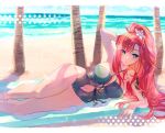  1girl anklet armpits backlighting beach beach_towel braid breasts dragon_tattoo elly_(vtuber) english_commentary flower green_eyes green_one-piece_swimsuit hair_flower hair_ornament highres indie_virtual_youtuber jewelry kamadoi large_breasts long_hair looking_to_the_side lying narrow_waist navel on_side one-piece_swimsuit palm_tree ponytail second-party_source side_braid swimsuit tattoo towel tree virtual_youtuber wide_hips 