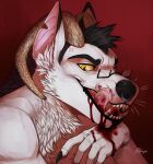  2017 anthro black_eyebrows black_hair black_nose blood blood_on_chin blood_on_hand bodily_fluids brown_horn canid cheek_tuft chest_tuft dated eyebrows facial_piercing facial_tuft fangs fur glistening glistening_eyes hair hi_res horn inner_ear_fluff licking licking_lips licking_own_lips male mammal nose_piercing nose_ring nosebleed nude open_mouth piercing pink_tongue red_background ring_piercing riorix self_lick septum_piercing septum_ring short_hair signature simple_background solo square_glasses teeth tongue tongue_out tuft whiskers white_body white_fur white_inner_ear_fluff yellow_eyes yellow_sclera 
