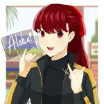  1girl :d absurdres black_jacket black_shirt blurry blurry_background bow ehe02750888 hair_bow highres jacket long_hair long_sleeves open_clothes open_jacket open_mouth persona persona_5 red_bow red_eyes red_hair shirt smile solo speech_bubble upper_body yoshizawa_kasumi 