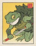  amphibian anthro armor asian_clothing cape clothing drawing_sword east_asian_clothing frog japanese_clothing japanese_text katana looking_at_viewer male melee_weapon samurai semi-anthro solo sword text thejedhenry traditional_media_(artwork) ukiyo-e warrior weapon 