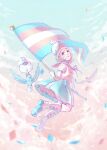  1girl bird blonde_hair blue_eyes blue_sailor_collar blue_sky boots cat cloud flag flying hat highres holding holding_flag lgbt_pride liely_life looking_at_viewer marching_band open_mouth original pleated_skirt sailor_collar shako_cap skirt sky transgender_flag 