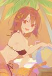  1girl :d ahoge atelier_(series) atelier_sophie ball bare_arms bare_shoulders beachball bendy_straw bikini black_bikini breasts brown_hair butterfly_hair_ornament chinese_commentary cup drink drinking_straw food fruit gradient gradient_background hair_ornament highres ice ice_cube lemon lemon_slice medium_breasts medium_hair official_alternate_costume open_mouth orange_eyes orange_sarong palm_tree sarong sideboob smile solo sophie_neuenmuller swimsuit teeth tree virno 
