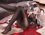  1girl aegir_(azur_lane) arm_support armpits artist_logo ass azur_lane bangs black_cape blush bodystocking breast_curtains breasts brown_bodysuit brown_gloves cape carpet chinese_commentary closed_mouth commentary_request corset couch demon_horns earrings elbow_gloves eyelashes feet fine_fabric_emphasis flowerscur foot_out_of_frame foreshortening gloves grey_hair hair_on_horn hand_up highres horns indoors jewelry knee_up knees_together_feet_apart large_breasts leaning_to_the_side leg_up legs long_hair looking_at_viewer lying multicolored_hair navel no_shoes on_back pussy red_cape red_hair shiny shiny_hair shiny_skin sidelocks smile solo streaked_hair thighs toenails toes two-sided_cape two-sided_fabric uncensored very_long_hair yellow_eyes 