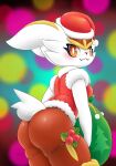  anthro blush breasts butt christmas christmas_clothing cinderace clothing female fullfolka generation_8_pokemon hi_res holidays looking_at_viewer nintendo pokemon pokemon_(species) solo thick_thighs white_body 