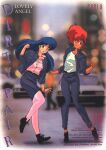  1980s_(style) 2girls bangs blue_eyes blue_hair bracelet casual character_name clenched_hand copyright_name dark-skinned_female dark_skin dirty_pair headband highres jacket jewelry kei_(dirty_pair) long_hair multiple_girls non-web_source official_art open_clothes open_jacket open_mouth pink_shirt red_hair retro_artstyle scan shirt shirt_tucked_in shoes short_hair skirt smile sneakers standing white_shirt yuri_(dirty_pair) 