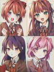  4girls :&lt; :d :o ap51 bangs blazer blue_eyes blurry blurry_background blush bob_cut book bow brown_hair brown_jacket brown_sweater_vest clenched_hands close-up closed_mouth commentary doki_doki_literature_club dress_shirt excited green_eyes hair_between_eyes hair_bow hair_intakes hair_ornament hair_ribbon hairclip hands_on_own_chest highres holding holding_book jacket long_hair looking_at_viewer looking_away monika_(doki_doki_literature_club) multiple_girls natsuki_(doki_doki_literature_club) neck_ribbon parted_lips pink_hair portrait purple_eyes purple_hair raised_eyebrow reading red_bow red_ribbon ribbon sayori_(doki_doki_literature_club) school_uniform shirt short_hair sidelocks smile sweater_vest swept_bangs teeth two_side_up upper_teeth_only white_ribbon white_shirt x_hair_ornament yuri_(doki_doki_literature_club) 