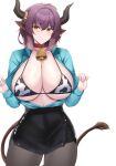  1girl absurdres animal_print arknights bangs bell bikini blush breasts choker cleavage commentary cow_print cowbell dress_shirt english_commentary highres horn_ornament horn_ring horns kanta_(kanta_077) large_breasts shirt sideboob sideroca_(arknights) skirt solo swimsuit underboob 