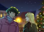  1boy 1girl christmas closed_mouth cowboy_bebop green_hair highres house julia_(cowboy_bebop) lipstick loveneverfades makeup night sky smile spike_spiegel star_(sky) starry_sky 