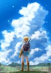  1boy blue_sky blue_tunic boots brown_footwear cloud cloudy_sky earrings facing_away full_body highres hill jewelry knee_boots link low_ponytail male_focus medium_hair nature pants pointy_ears shield shirt sidelocks sky solo sword the_legend_of_zelda the_legend_of_zelda:_breath_of_the_wild tree triforce twitter_username weapon weapon_on_back white_pants white_shirt yayoi_(chepiiii23) 