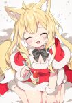  1girl ahoge animal_ear_fluff animal_ears bangs black_bow blonde_hair blush bow breasts cake capelet cleavage commentary dress fangs food food_on_face fork fox_ears fox_girl fox_tail fruit fur-trimmed_footwear fur_trim fuwafuwa-chan_(kamiyoshi_rika) hand_on_own_thigh highres holding holding_food kamiyoshi_rika long_hair looking_at_viewer medium_breasts open_mouth original red_dress red_socks santa_costume short_dress sitting smile socks solo strawberry strawberry_shortcake tail wariza wavy_hair wristband 