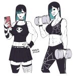  1girl abs black_eyes black_hair blue_hair bracelet cellphone choker dumbbell earrings exercise fishnets gothic highres jewelry multicolored_hair muscular muscular_female original phone skirt skull smartphone solo spider_web_print tank_top teeth toned tongue tongue_out wanderjegson 