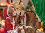  1boy 1girl aerith_gainsborough antlers artist_name bangs black_gloves blonde_hair blue_eyes blurry blurry_background blush bow bowtie breasts brown_hair brown_jacket christmas christmas_tree closed_eyes cloud_strife collared_shirt curtains final_fantasy final_fantasy_vii final_fantasy_vii_remake fur-trimmed_headwear fur-trimmed_jacket fur_trim gloves green_bow green_bowtie hair_between_eyes hat highres imminent_kiss indoors jacket leaning_forward long_hair long_sleeves medium_breasts merry_christmas necktie necktie_grab neckwear_grab parted_bangs red_bow red_bowtie red_headwear red_jacket reindeer_antlers santa_costume santa_hat shirt short_hair sidelocks smile spiked_hair suit_jacket wavy_hair white_shirt yco_030601 