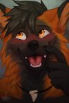  anthro black_body black_fur black_hair black_nose blush canid canine fox fur hair headshot_portrait hi_res jewelry laugh looking_away male mammal necklace open_mouth orange_body orange_eyes orange_fur portrait smile solo teeth tongue zempy3 