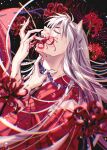  1boy animal_ears bead_necklace beads black_background closed_eyes demon_boy dog_boy dog_ears eating_flower fangs flower hair_between_eyes hand_on_own_neck highres inuyasha inuyasha_(character) japanese_clothes jewelry long_hair male_focus motobi_(mtb_umk) necklace open_mouth red_flower red_shirt shirt solo spider_lily tooth_necklace twitter_username upper_body white_hair wide_sleeves 
