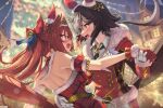  2girls absurdres animal_ears arm_garter blurry blurry_background blush bow breasts brown_eyes brown_hair building buttons christmas christmas_tree collared_shirt commentary daiwa_scarlet_(scarlet_nuit_etoile)_(umamusume) daiwa_scarlet_(umamusume) diffraction_spikes double-breasted dress ear_covers eye_contact fang gloves green_necktie hair_bow hand_on_another&#039;s_back highres holding_hands horse_ears horse_girl horse_tail jacket large_breasts long_hair long_sleeves looking_at_another multiple_girls necktie open_mouth outdoors red_dress red_eyes red_gloves red_jacket shirt shoulder_blades skin_fang sleeveless sleeveless_dress stiff_tail symbol-only_commentary tail tearing_up teeth tiara tongue twitter_username umamusume v-shaped_eyebrows vodka_(nonfreezing_aqua_vitae)_(umamusume) vodka_(umamusume) yuri zzo0 