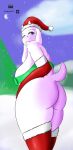  anthro butt christmas christmas_clothing clothing elelite female fur hi_res holidays simple_background solo thick_thighs toriel undertale undertale_(series) white_body white_fur 
