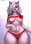  2022 anthro aozee big_breasts breasts canid canid_demon clothing demon digital_media_(artwork) female hair hair_over_eye hellhound helluva_boss hi_res looking_at_viewer loona_(helluva_boss) mammal one_eye_obstructed panties smile solo thick_thighs underwear 