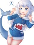  1girl absurdres animal_hood blue_eyes blue_hair collarbone fish_tail flat_chest gawr_gura hair_ornament hairpin highres hololive hololive_english hood long_hair looking_at_viewer multicolored_hair nahanmin nail_polish open_mouth paw_pose shark_hood shark_tail sharp_teeth short_twintails smile solo speech_bubble standing streaked_hair tail talking teeth twintails upper_teeth_only virtual_youtuber white_background white_hair 