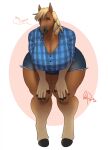  anthro bent_forward bent_over big_breasts blonde_hair bottomwear breasts cleavage clothed clothing cutoffs daisy_dukes denim denim_clothing dialogue draft_horse equid equine female flannel_shirt freyja_(hrossavit) fully_clothed hair hi_res hooves horse hotpants huge_breasts huge_hips looking_at_viewer mammal narrowed_eyes redpixie shorts smile solo thick_thighs wide_hips 