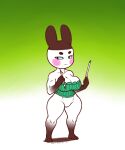  2021 animal_crossing anthro big_breasts blue_sclera bottomless breasts brown_body brown_fur brush cheek_spots cleavage clothed clothing corset crossgender dakkpasserida dated eyebrows featureless_crotch female fur genji_(animal_crossing) gloves_(marking) gradient_background green_background green_clothing green_topwear holding_object lagomorph leg_markings leporid lingerie male_(lore) mammal markings mtf_crossgender muscular muscular_anthro muscular_female nintendo paintbrush rabbit signature simple_background socks_(marking) solo thick_eyebrows topwear white_background white_body white_fur 