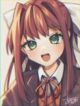  1girl :d ap51 artist_name blazer blurry blurry_background blush brown_hair brown_jacket brown_sweater_vest close-up commentary doki_doki_literature_club dress_shirt green_eyes hair_intakes hair_ribbon jacket long_hair monika_(doki_doki_literature_club) neck_ribbon portrait red_ribbon ribbon shirt sidelocks signature smile solo sweater_vest teeth upper_teeth_only white_ribbon white_shirt 