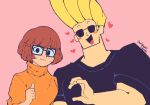  1boy 1girl blonde_hair brown_hair danishi freckles glasses heart heart_hands_failure johnny_bravo johnny_bravo_(series) meme pink_background pompadour scooby-doo short_hair sunglasses thumbs_up velma_dace_dinkley 