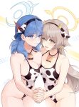  2girls absurdres ako_(blue_archive) angry animal_ears animal_print bangs bell blue_archive blue_eyes blue_hair breast_press breasts brown_eyes brown_hair cleavage clenched_teeth cow_ears cow_horns cow_print cowbell crying crying_with_eyes_open ear_piercing embarrassed fake_animal_ears fake_horns halo hifumi_(blue_archive) highres horns jewelry large_breasts long_hair looking_at_viewer multiple_girls necklace one-piece_swimsuit open_mouth piercing simple_background small_breasts smile standing swimsuit tears teeth white_background y0ung 