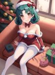  1girl absurdres bare_shoulders blush bow bowtie box breasts christmas christmas_tree cleavage collarbone commentary couch dress earrings gift gift_box green_hair hat highres idolmaster idolmaster_million_live! indoors jewelry looking_at_viewer medium_breasts off-shoulder_dress off_shoulder on_couch pantyhose ransoruru red_bow red_bowtie santa_costume santa_hat sitting smile solo stud_earrings tokugawa_matsuri white_pantyhose 