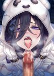  1boy 1girl after_fellatio bangs black_hair censored cleavage_cutout clothing_cutout cum cum_in_mouth granblue_fantasy hair_between_eyes half-closed_eyes highres hood hood_up hooded_robe lich_(granblue_fantasy) looking_at_viewer minarai mosaic_censoring open_mouth paid_reward_available penis purple_eyes robe sharp_teeth sitting sleeves_past_fingers sleeves_past_wrists steam teeth tongue tongue_out wariza white_robe 