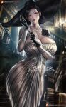  1girl alcina_dimitrescu bangs black_gloves black_hair breasts brown_eyes cleavage dress glove_pull gloves hat jewelry large_breasts lexaiduer long_hair looking_at_viewer necklace resident_evil resident_evil_village sakimichan_(style) smile solo 