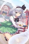  1girl :o aqua_eyes architecture bangs bare_legs black_bow black_bowtie black_hairband black_ribbon bow bowtie building day east_asian_architecture green_skirt green_vest hair_ribbon hairband highres hitodama katana konpaku_youmu konpaku_youmu_(ghost) looking_at_viewer open_mouth outdoors petticoat ribbon scabbard serious sheath sheathed shirt shoes short_hair skirt stairs sword touhou v-shaped_eyebrows vest weapon yasuharasora 