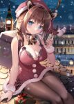  1girl animal_ears antlers bell black_pantyhose blue_eyes blurry blurry_background blush breasts brown_hair cellphone choker christmas christmas_present cityscape cleavage closed_mouth deer_ears gift hat highres holding holding_phone looking_at_viewer medium_breasts mikeou neck_bell night original outdoors pantyhose phone reindeer_antlers santa_costume santa_hat sitting sitting_on_roof smartphone smile solo winter 