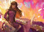  1girl absurdres bangs bodysuit breasts brown_eyes brown_hair d.va_(overwatch) facial_mark feet_out_of_frame gloves headphones highres long_hair looking_to_the_side medium_breasts outdoors overwatch pilot_suit purple_bodysuit sitting solo subakeye swept_bangs whisker_markings 