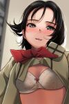  1girl absurdres black_hair blurry blurry_background blush bow bow_bra bra breasts brown_eyes brown_shirt collared_shirt depth_of_field forehead highres looking_at_viewer matsunaga_kouyou nose_blush original parted_lips shirt small_breasts smile solo underwear upper_body white_bra 