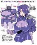  1girl :d arm_cannon arrow_(symbol) bodystocking breasts censored censored_text decepticon gloves humanization identity_censor jacket koshii_tai large_breasts looking_to_the_side mecha mosaic_censoring one-eyed open_mouth pointless_censoring purple_gloves purple_hair purple_jacket purple_skirt robot shockwave_(transformers) sketch skirt smile transformers translation_request weapon 