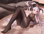  1girl aegir_(azur_lane) arm_support armpits artist_logo ass azur_lane bangs blush bodystocking breasts brown_bodysuit brown_gloves carpet chinese_commentary closed_mouth commentary_request couch demon_horns earrings elbow_gloves eyelashes feet fine_fabric_emphasis flowerscur foot_out_of_frame foreshortening gloves grey_hair hair_on_horn hand_up highres horns indoors jewelry knee_up knees_together_feet_apart large_breasts leaning_to_the_side leg_up legs long_hair looking_at_viewer lying multicolored_hair navel no_shoes on_back puffy_nipples pussy red_hair shiny shiny_hair shiny_skin sidelocks smile solo streaked_hair thighs toenails toes uncensored very_long_hair yellow_eyes 