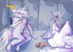  2022 ambiguous_gender anthro canid canine changed_(video_game) food froobina fruit fur group hi_res lin_(changed) male mammal plant surprise trio vent white_body white_fur 