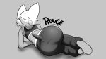  anthro bat big_butt bra butt clothing digital_media_(artwork) english_text eyelashes female footwear golde grey_background hi_res leggings legwear lying mammal monochrome on_side rear_view rouge_the_bat sega simple_background socks solo sonic_the_hedgehog_(series) sports_bra text thick_thighs underwear 