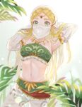  1girl arms_behind_head bangs bare_shoulders blonde_hair blurry blurry_foreground breasts crop_top detached_sleeves green_eyes green_shirt halterneck hands_in_hair harem_outfit harem_pants head_chain highres leaf long_hair looking_at_viewer medium_breasts midriff mouth_veil navel pants parted_bangs shirt solo the_legend_of_zelda the_legend_of_zelda:_breath_of_the_wild thick_eyebrows toned twitter_username veil white_headwear white_pants white_sleeves yayoi_(chepiiii23) 