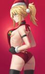  1girl arched_back ass back bangs bare_arms bare_shoulders belt blonde_hair box braid breasts fate/apocrypha fate_(series) from_side gift gift_box green_eyes grin hat highres long_hair looking_at_viewer looking_to_the_side meme_attire mordred_(fate) mordred_(fate/apocrypha) ponytail pout profile red_background red_sweater santa_hat sideboob simple_background small_breasts smile solo sweater teeth thighs tonee virgin_killer_sweater 