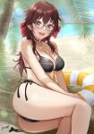  1girl absurdres bangs bare_legs beach bikini black_bikini bow breasts brown_hair chain choker cleavage commission day glasses hair_bow highres indie_virtual_youtuber innertube lifebuoy looking_at_viewer nori_chazuke open_mouth outdoors red_bow red_choker red_eyes shindou_kiki sitting skeb_commission smile solo swimsuit teeth upper_teeth_only virtual_youtuber 