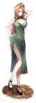  1girl absurdres black_footwear breasts brick_floor brushing_hair brushing_own_hair china_dress chinese_clothes commentary dress expressionless green_dress green_eyes green_headwear hand_on_hip high_heels highres hong_meiling red_hair solo touhou white_background yagoro_kusuriya 